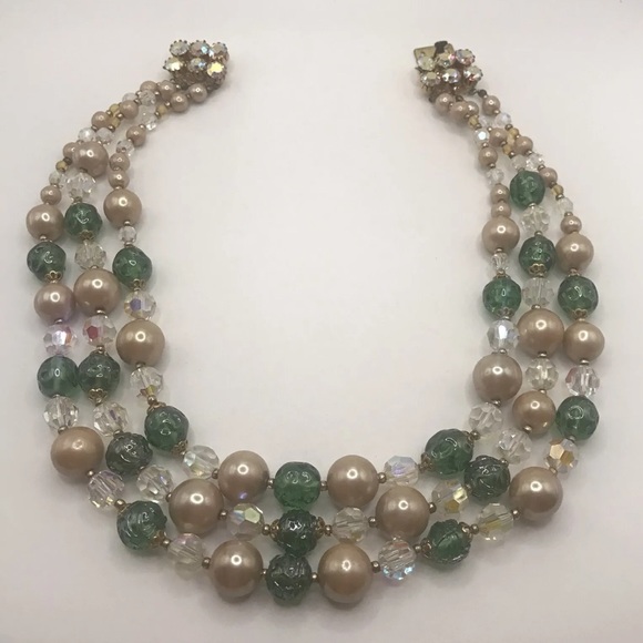 Lisner Vintage Necklace Clip Earring Set Costume  Aurora Borealis Crystal Pearl - Picture 3 of 10